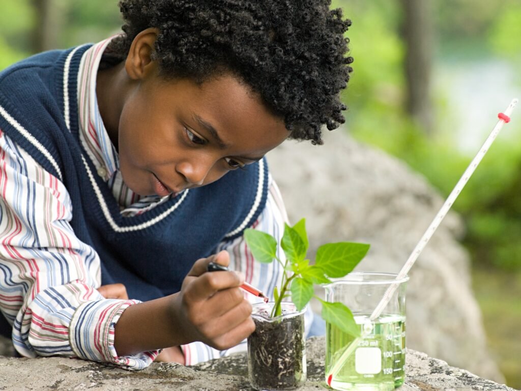A boy doing an experiment on a plant